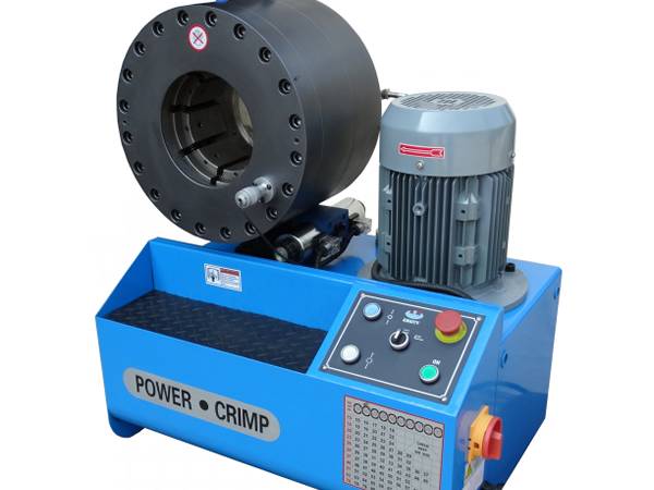 A blue high pressure hose crimping machine (type M) controlled by buttons.